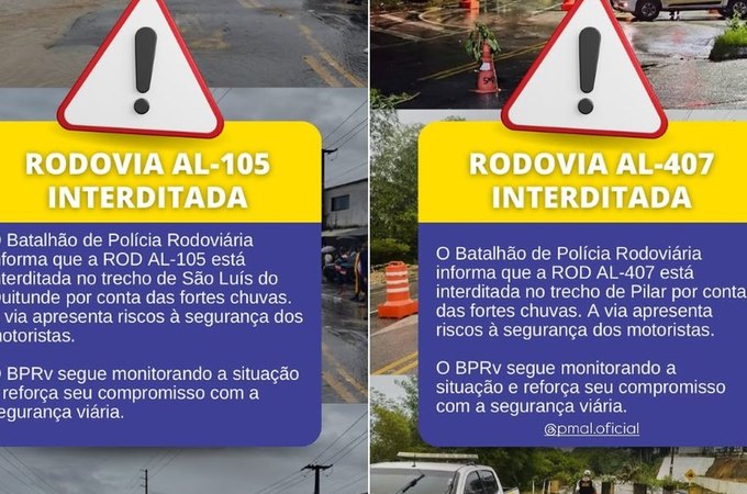 Atenção: rodovias em São Luís do Quitunde e Pilar têm trechos interditados