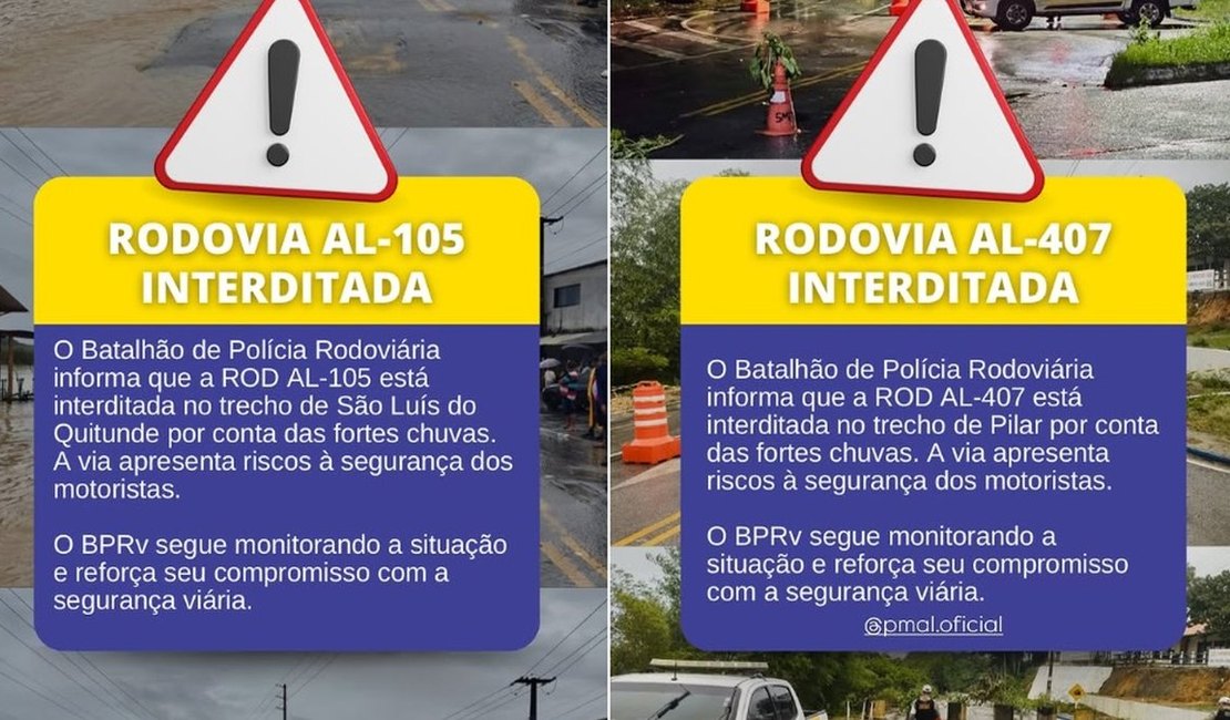 Atenção: rodovias em São Luís do Quitunde e Pilar têm trechos interditados