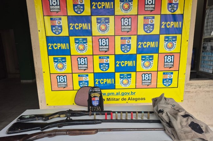 Polícia Militar apreende armas de fogo e munições em acampamento clandestino de caça, em Alagoas