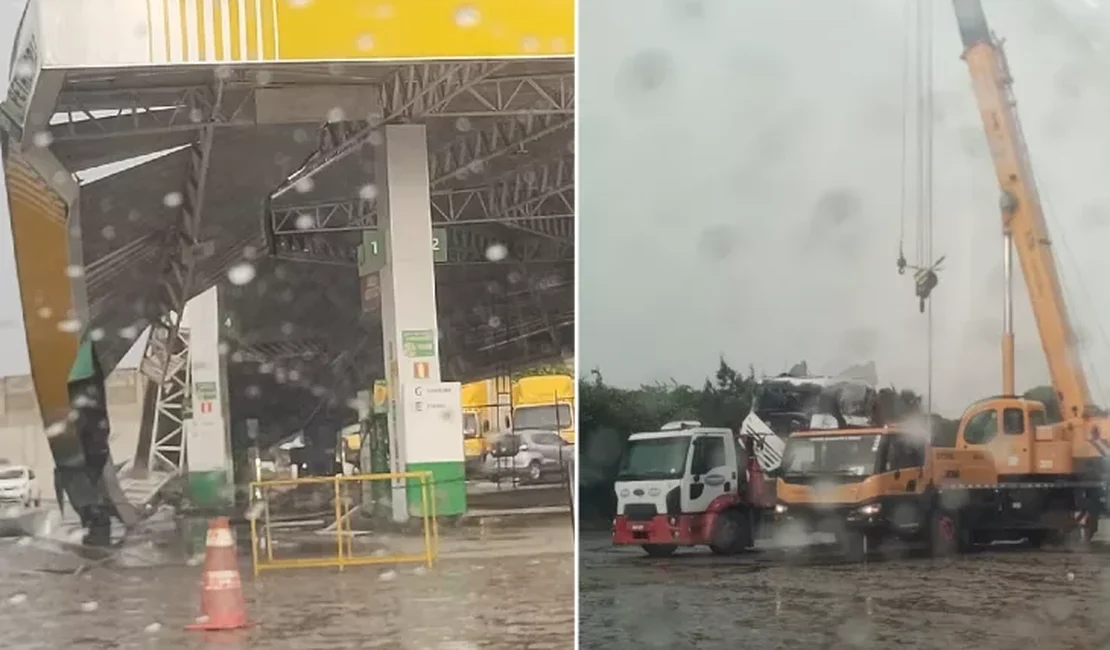 Cobertura de posto de combustíveis em Maceió desaba durante forte ventania
