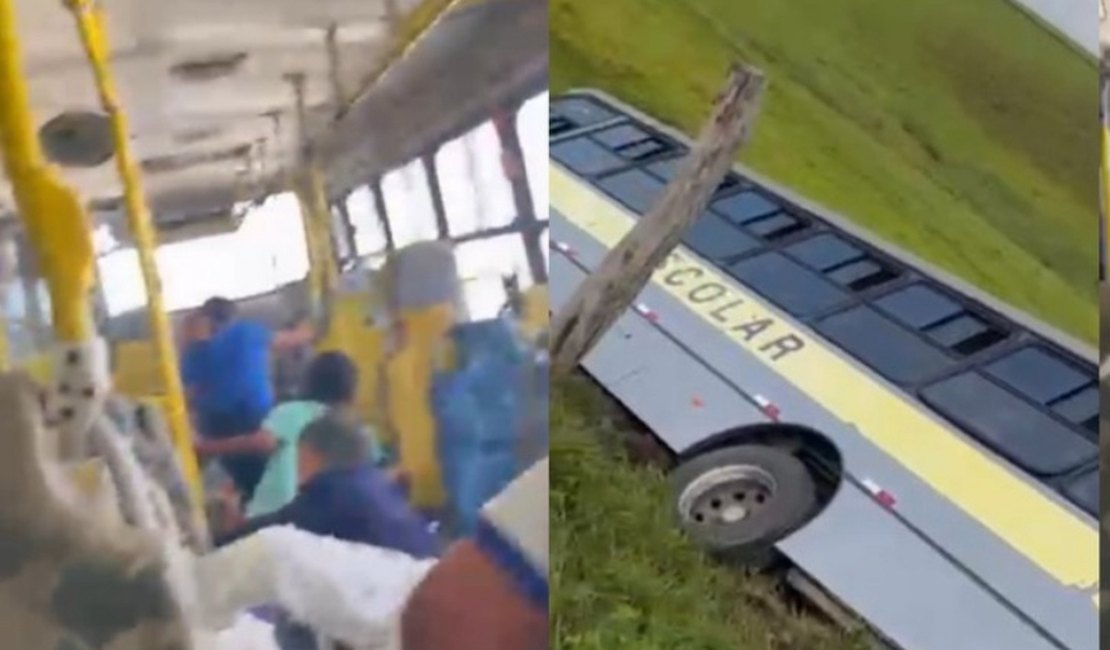 Ônibus escolar da Prefeitura de Atalaia tomba com alunos a bordo