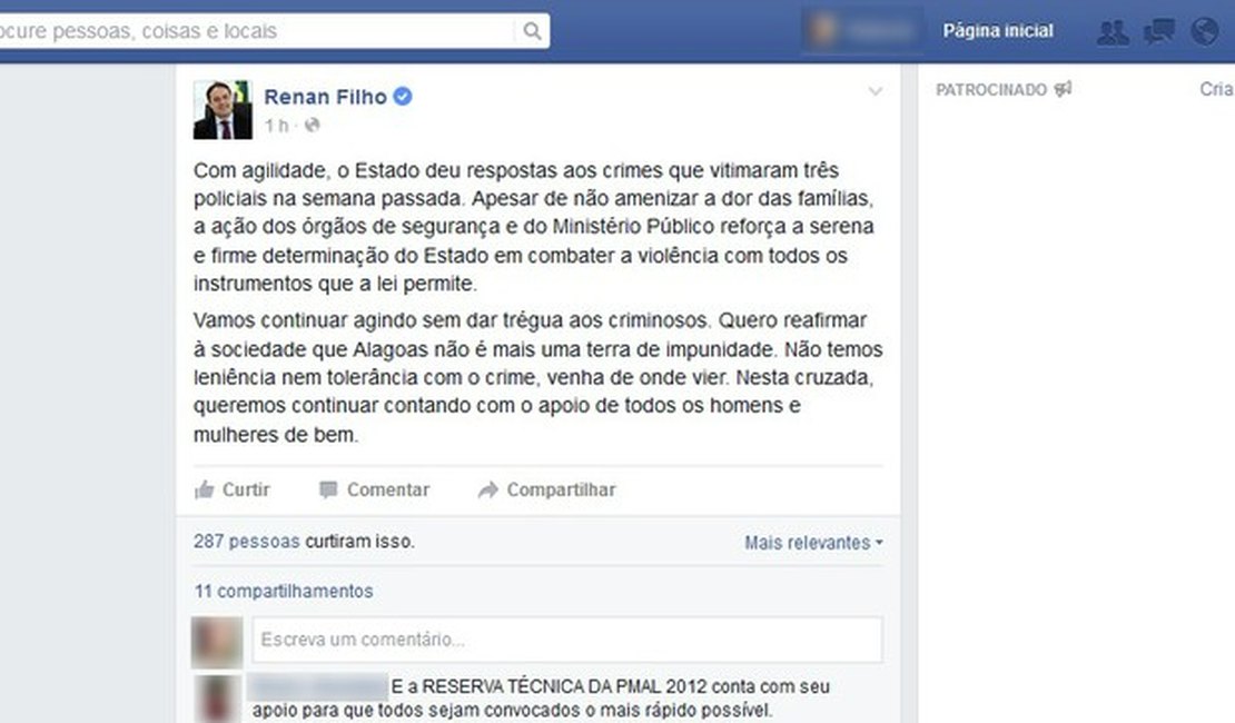 Renan Filho publica texto no facebook sobre crimes que vitimaram policiais