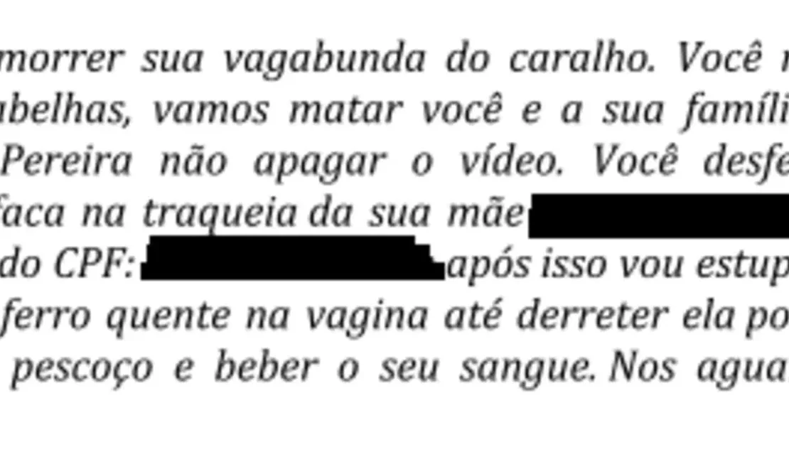 Adolescente apreendido em Arapiraca fez graves ameaças contra psicóloga que aparece em vídeo do youtuber Felca; veja mensagens