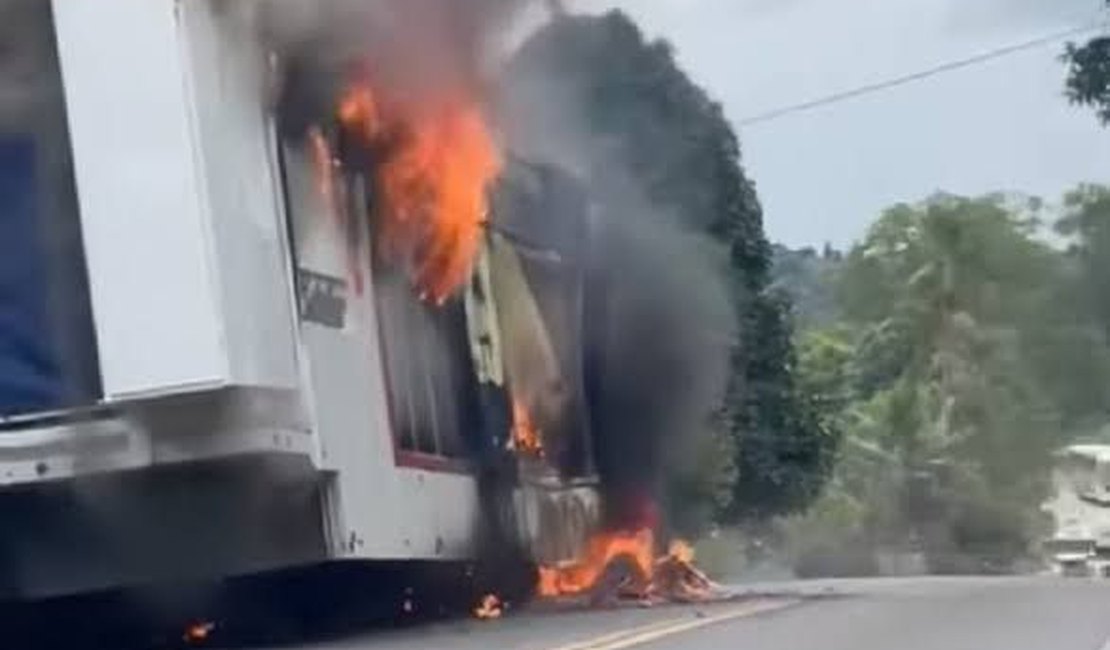 Vídeo. Famoso 'Trio Elétrico Estrelar' pega fogo na BR 101, no interior da Bahia