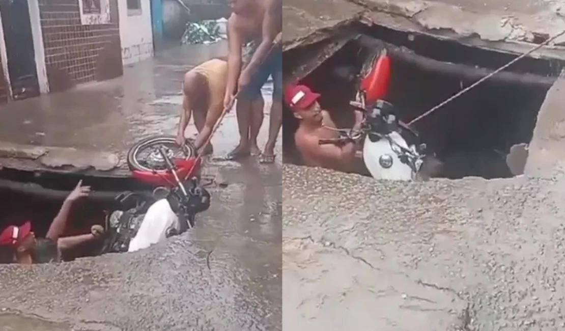 Cratera no meio da rua 'engole' entregador de gás e motocicleta em Maceió