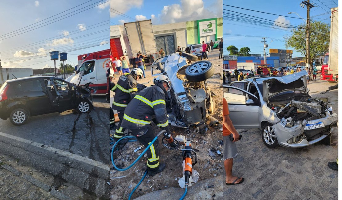 Colisão entre três carros deixa diversos feridos e presos às ferragens, em Maceió