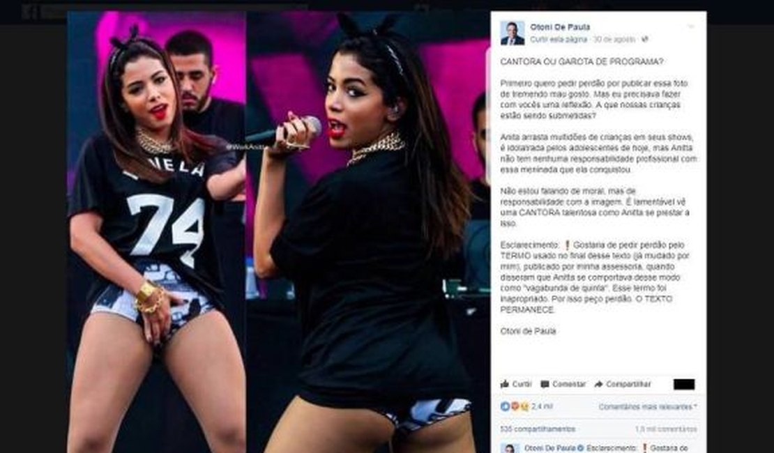 Anitta rebate vereador que a chamou de 'garota de programa'