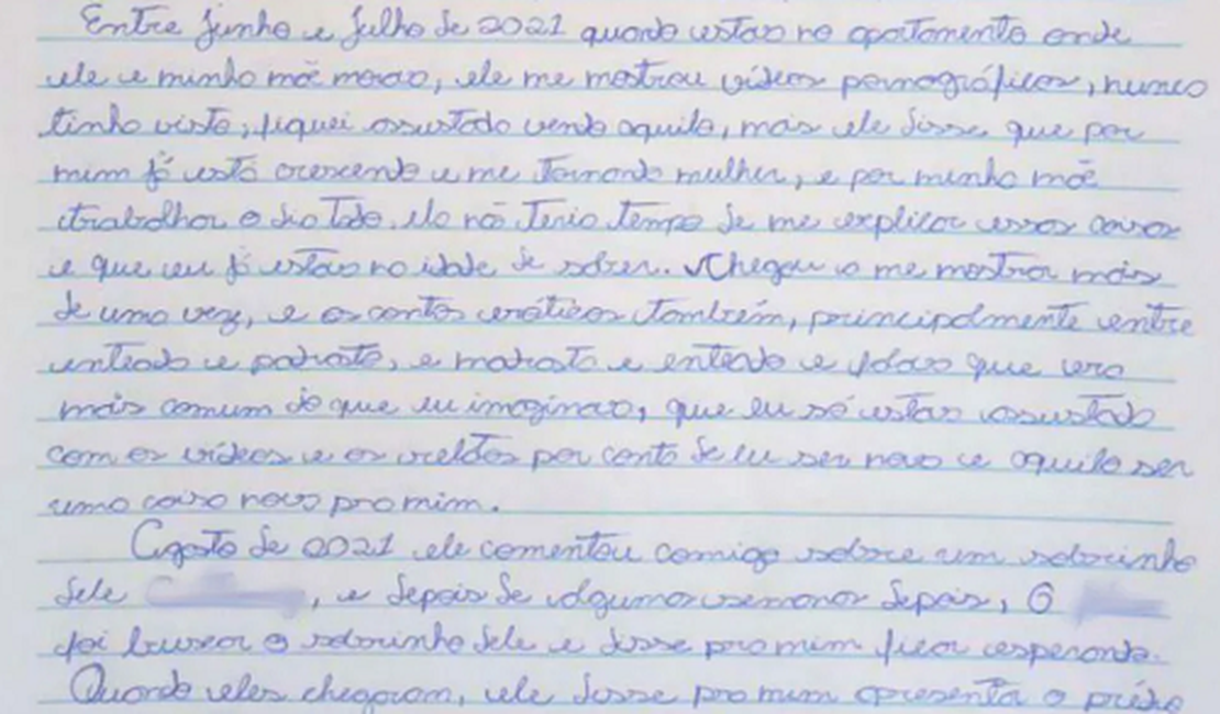 Adolescente acusa padrasto de aplicar testosterona em seu corpo e relata estupro em carta