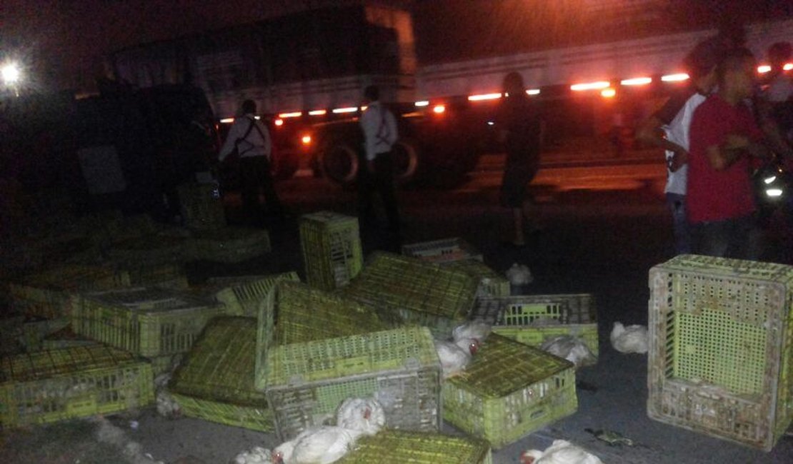 Caminhão carregado com galinhas tomba nas proximidades do Posto Rodoviário em Arapiraca