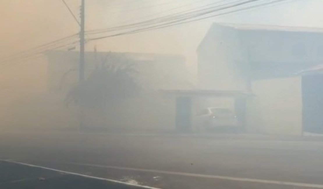 Incêndio em vegetação forma nuvem de fumaça no Barro Duro, em Maceió