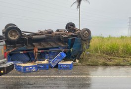 Caminhão transportando galinhas vivas capota na AL 110, em Arapiraca; assista