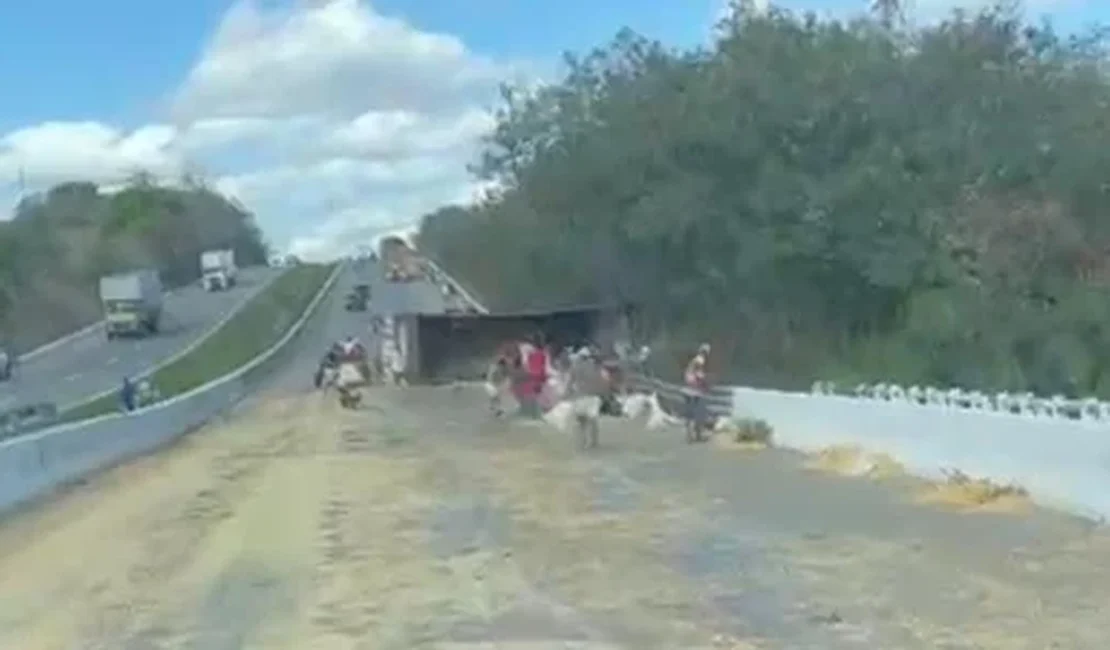 Carreta tomba em rodovia próxima a Porto Real do Colégio e carga de milho se espalha pela pista