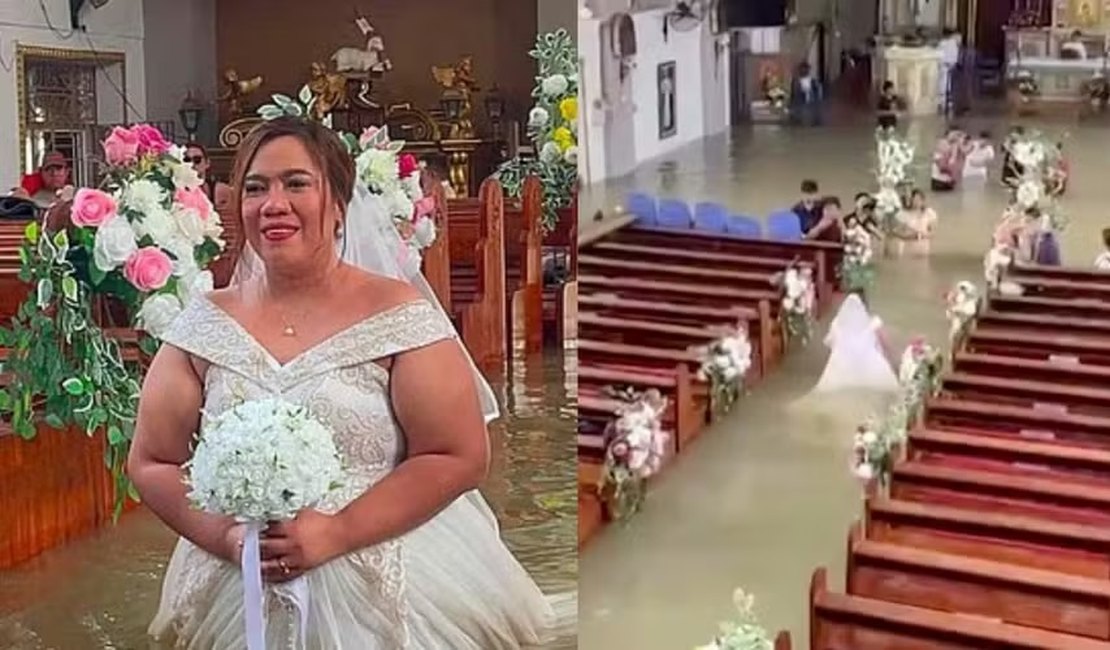 Noiva se casa com água na cintura dentro de igreja alagada e imagens impressionam
