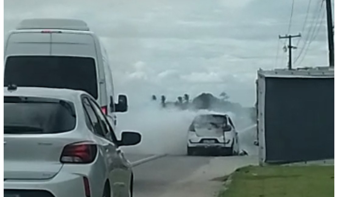 Vídeo. Carro pega fogo e assusta motoristas e pedestres em rodovia alagoana