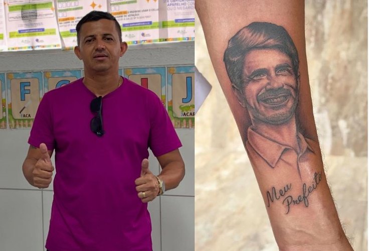 Eleitor viraliza ao fazer homenagem com tatuagem do rosto do prefeito Júnior Menezes em União dos Palmares