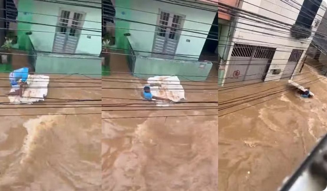 Em vídeo, homem aparece sendo arrastado pela correnteza de enchente no Grande Recife