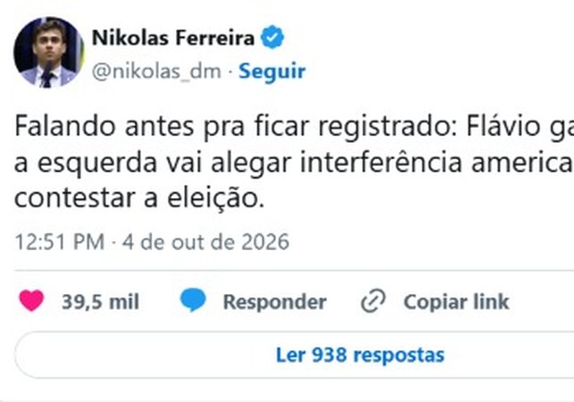 “Se Flávio ganhar, esquerda vai alegar interferência americana”, diz Nikolas Ferreira
