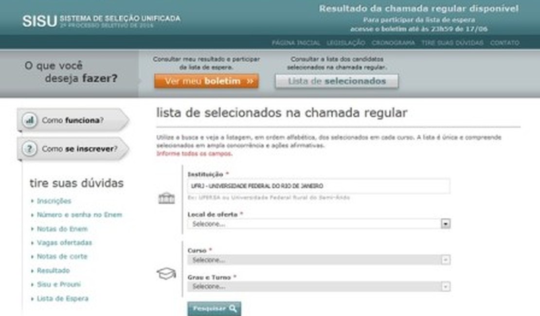 Resultado do Sisu 2016 do meio do ano já pode ser consultado