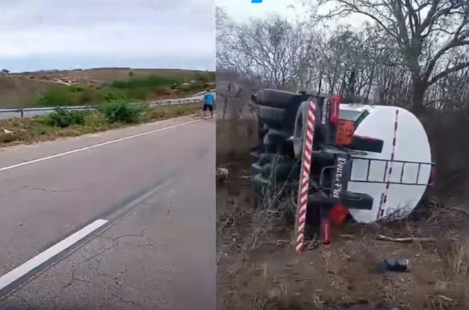 Caminhão com carga de combustível tomba na AL-220, em Jaramataia