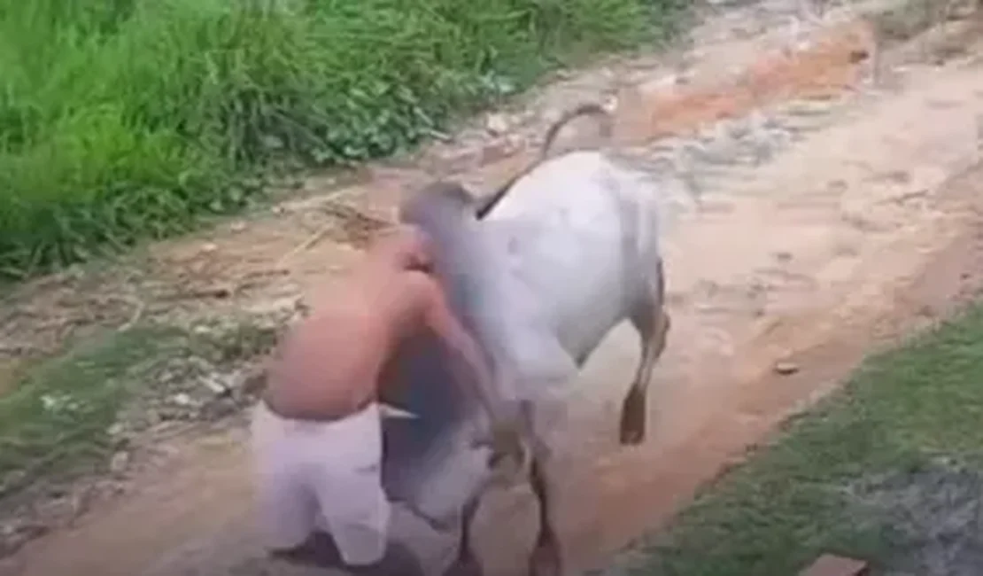 Idoso é surpreendido ao ser atingido violentamente por boi