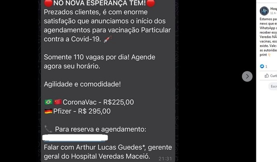 É falsa informação que hospital de Maceió está vendendo vacina contra Covid-19