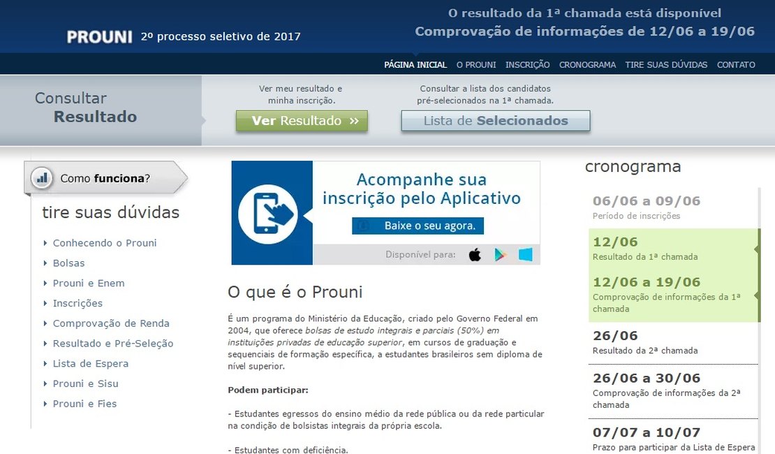 MEC divulga o resultado do Prouni do 2º semestre de 2017