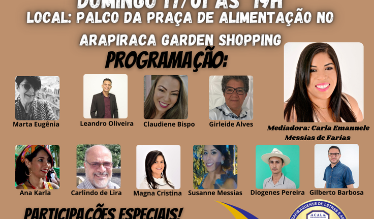 ARAPIRACA TERÁ MESA REDONDA SOBRE LITERATURA ALAGOANA NO .DOMINGO DIA 17/01 AS 19H NO PALCO DA PRAÇA DE ALIMENTAÇÃO DO ARAPIRACA GARDEN SHOPPING