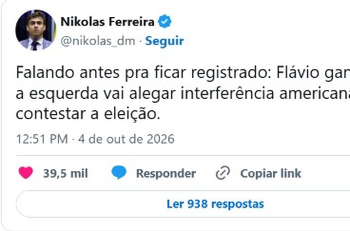 “Se Flávio ganhar, esquerda vai alegar interferência americana”, diz Nikolas Ferreira