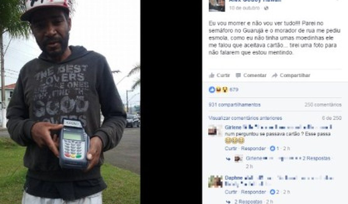 Morador de rua usa maquineta de cartão para pedir esmola e foto viraliza