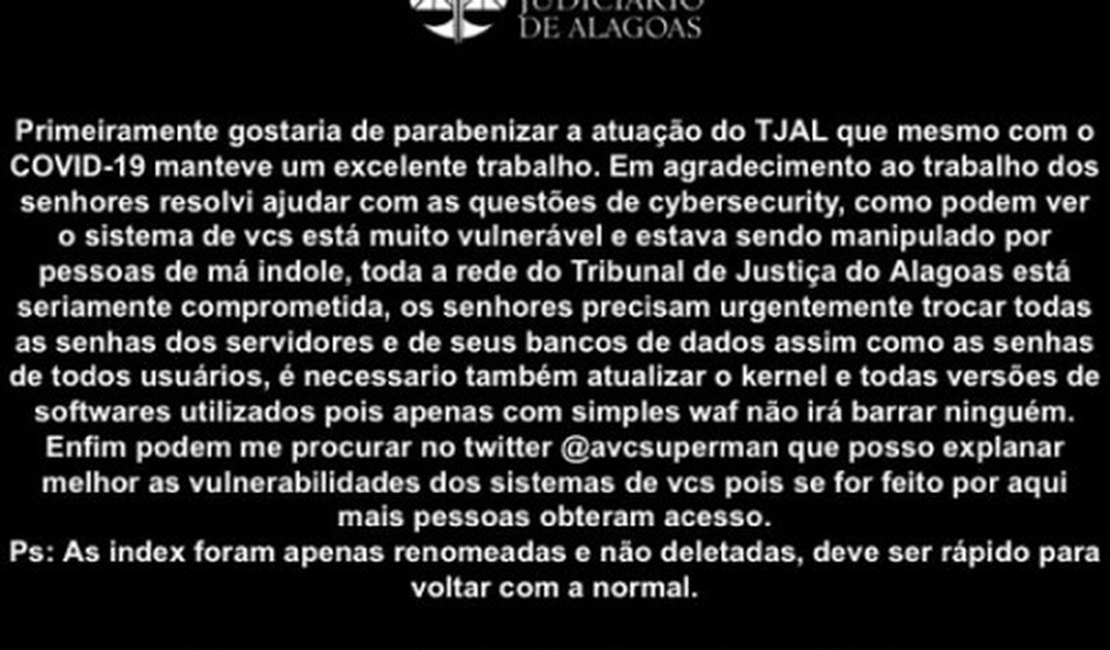 Hackers invadem site do TJ-AL e oferecem “ajuda” para “sistema vulnerável”