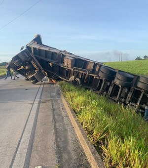 Carreta carregada com trigo tomba em rodovia federal e deixa trânsito lento, em Rio Largo