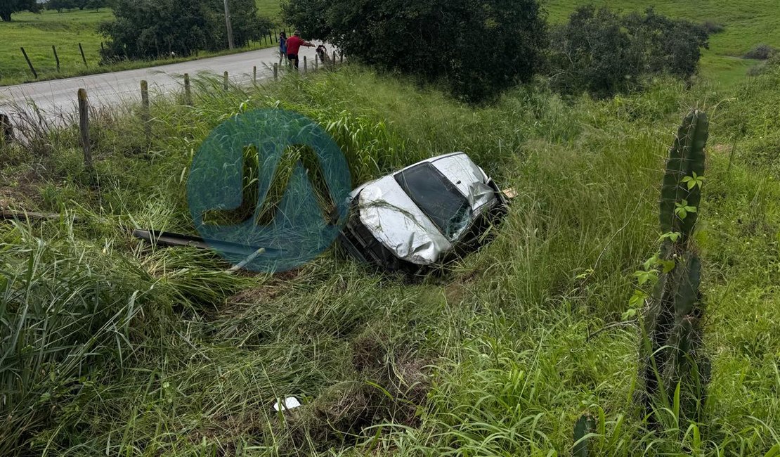 Caminhonete para em área baixa às margens da AL-110 após saída de pista, em Arapiraca