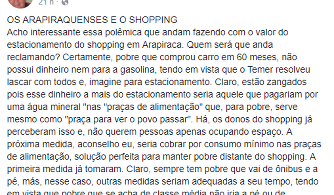 Em post, professor arapiraquense ironiza sobre reajuste de estacionamento e gera polêmica