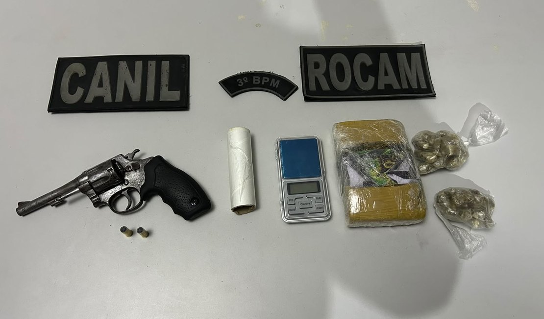 PM encontra revólver dentro de fogão e apreende 400 gramas de maconha, no Brisa do Lago
