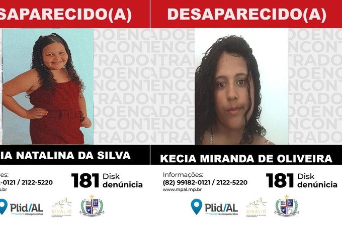 URGENTE: Plid tenta localizar criança de 11 anos e adolescente de 16 que podem ter sumido juntas, em Alagoas