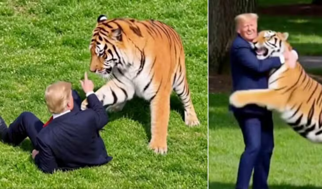 Trump posta vídeo feito por IA em que ele aparece lutando e abraçando tigre