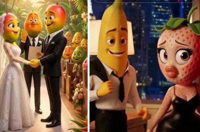 Frutas geradas por IA vivem novelas de traição e drama no TikTok