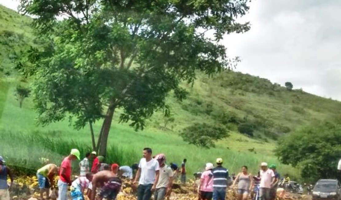 Populares saqueiam carga de cerveja em lata, logo após caminhão tombar na BR-101