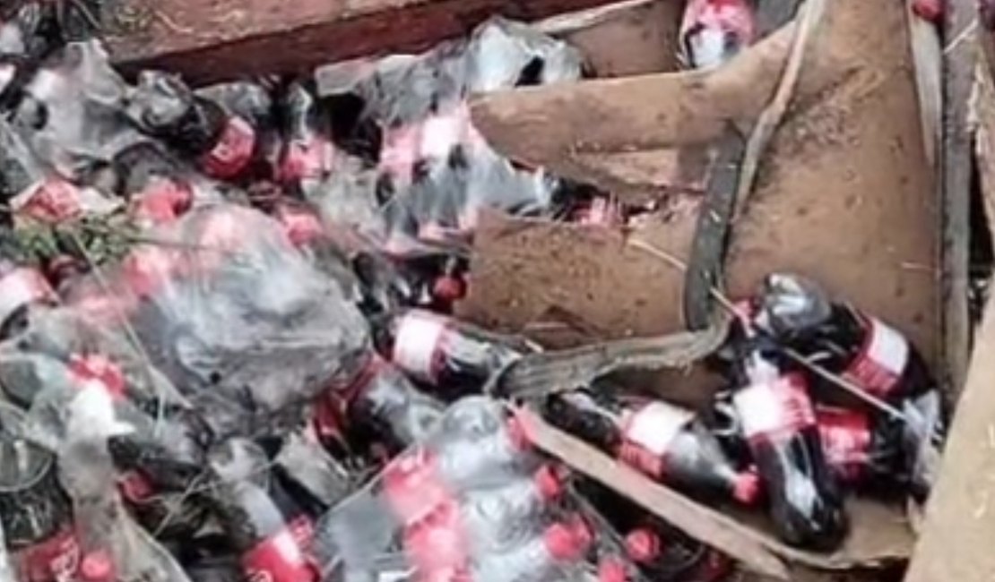 Caminhão carregado com Coca-Cola tomba na BR-101 e carga é saqueada por populares, em Alagoas