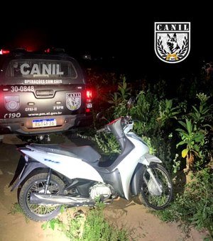 Canil do 3º BPM recupera motocicleta com queixa de roubo escondida em plantação, em Arapiraca