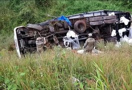 Motorista perde controle de caminhão cai de ribanceira e tomba na BR-101