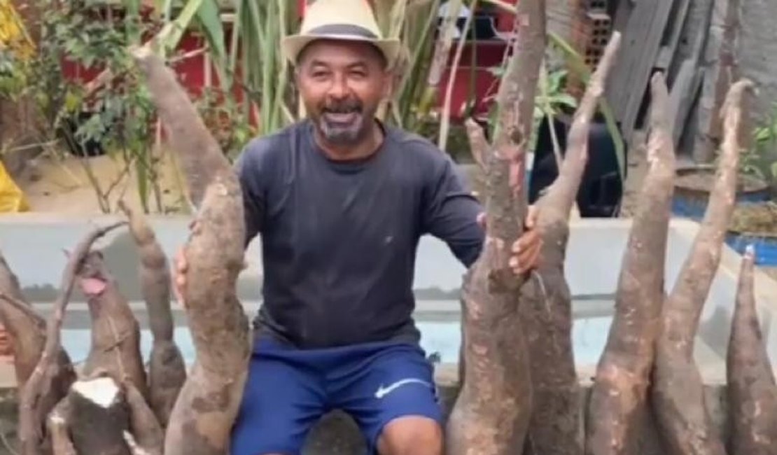 Pedreiro chama atenção ao colher pé de macaxeira com mais de 89kg em São Miguel dos Campos