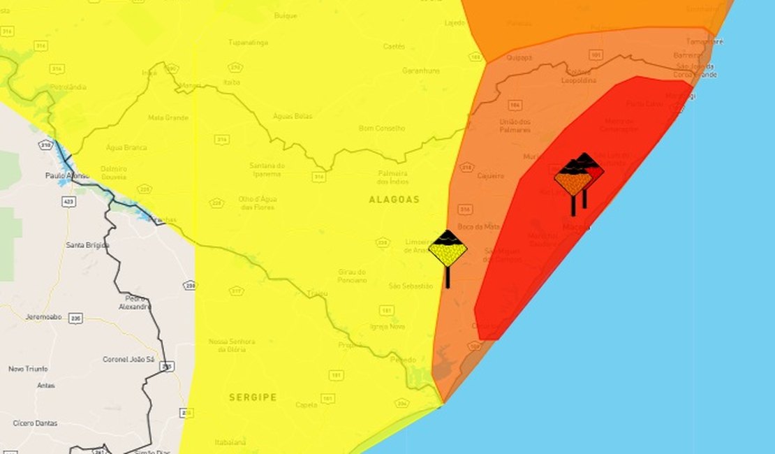 Todos os 102 municípios de Alagoas estão em alerta para chuvas nas próximas 12h