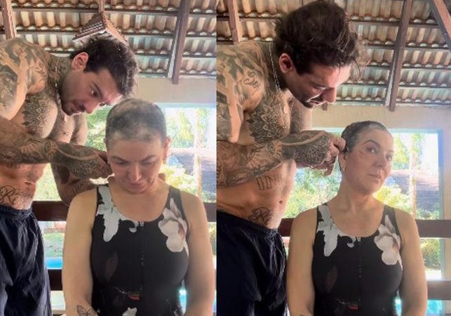 Cantor Lucas Lucco ajuda mãe a raspar a cabeça após retorno da alopecia