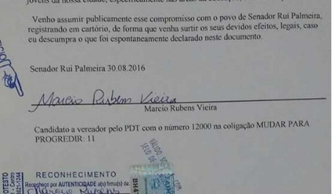 Candidato a vereador registra em cartório doação de metade do salário caso eleito, em Alagoas