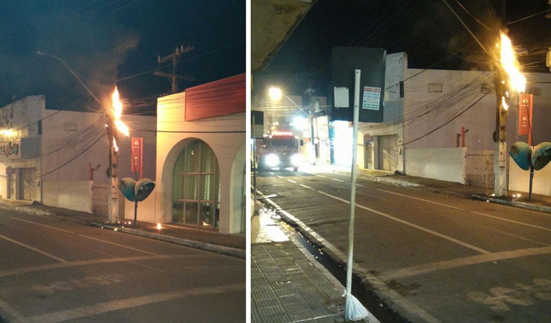 Fiação de poste pega fogo e assusta moradores em Arapiraca