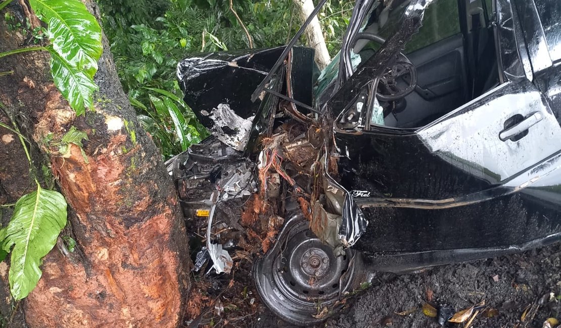 Colisão de carro em árvore deixa homem morto, preso às ferragens, na AL 101 Norte