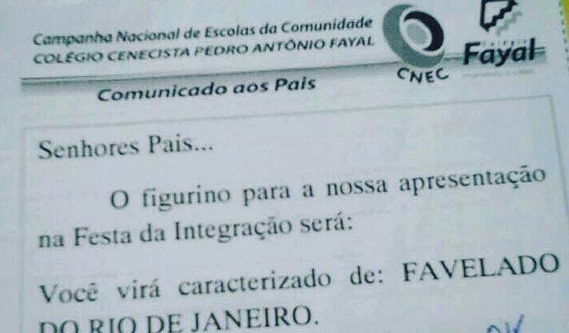 Colégio pede para alunos se vestirem de 'favelados do Rio de Janeiro' e gera polêmica em SC