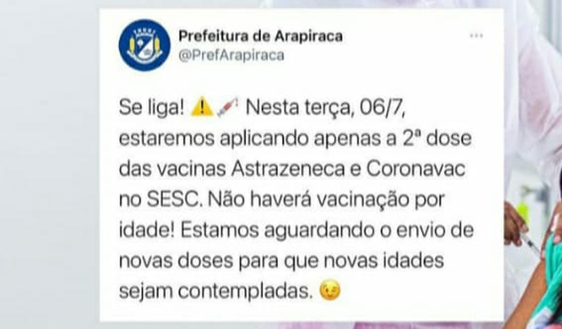 Apenas a segunda dose das vacinas AstraZeneca e Coronavac será aplicada no Sesc Arapiraca nesta terça-feira (6)