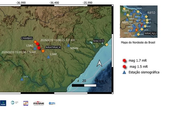 Dois tremores de terra foram registrados em Arapiraca e Craíbas, revela LabSis/UFRN